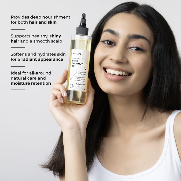 Brillare Pure Coconut Oil, Organic and Cold Pressed Hair Oil with Zero Chemicals, Rich in Vitamins & Amino Acids, Best for Dry & Flaky Skin