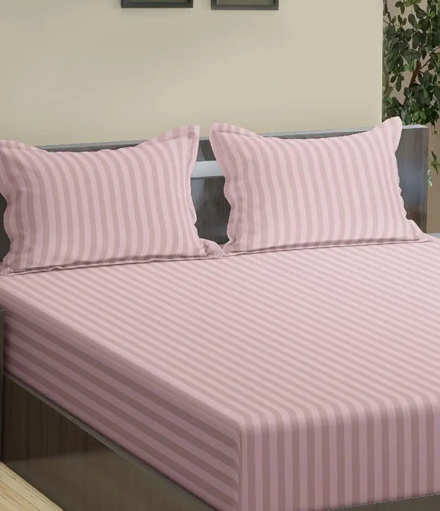 Trance Home Linen Cotton 78X36 Inch Single Fitted 200TC Satin Stripe Elastic Fitted Bedsheet With 1 Pillow Covers Colour Cameo Rose