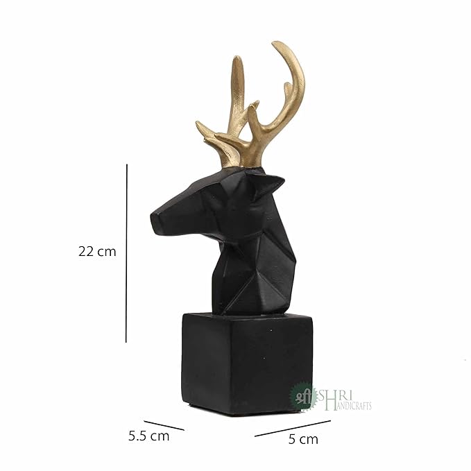 Indicast 8" Inch Resin Statue Deer Head, Geometric Animal Head Sculpture on Base | Black