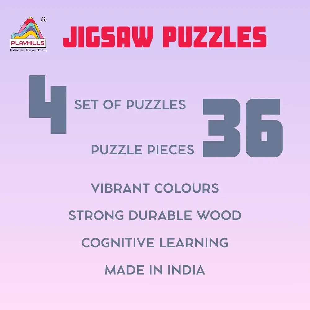 Playhills Wooden Jigsaw Puzzle Set Cute Wild Animals Theme 9-Piece Puzzles for Kids Educational Learning Toy Set of 4 for Children