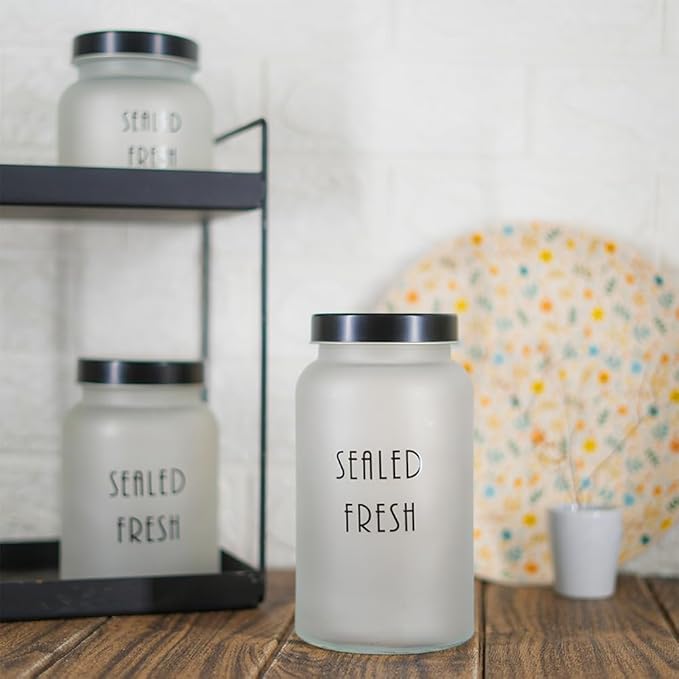 Femora Kitchen Storage Jars Frosted Glass Jar With Steel Lid Air Tight Jar | 1500 Ml | Pack of 6 | Black Lid