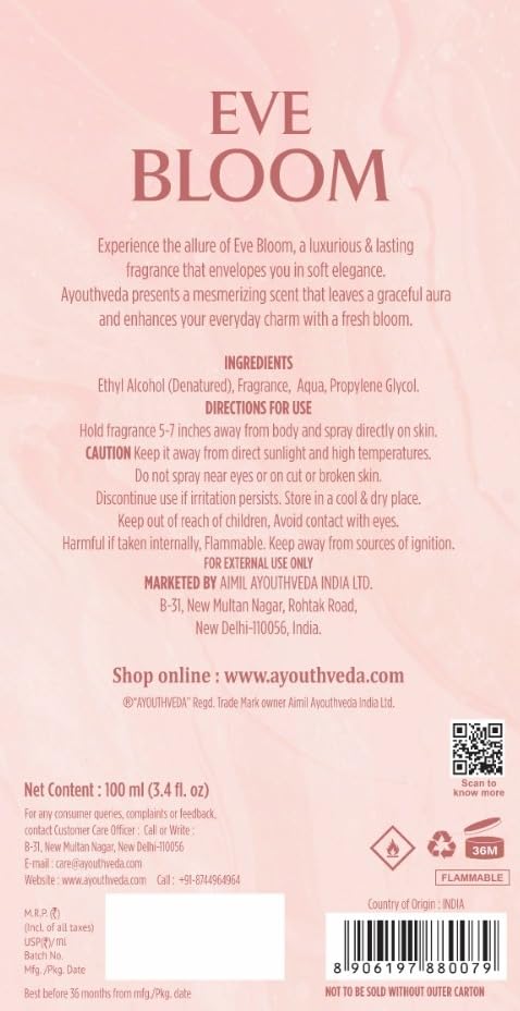 Ayouthveda Eve Bloom Eau De Parfum for Women | Long-Lasting Floral Luxury Perfume | Fresh Green, Gardenia Jasmine, Amber Accord & White Musk | Elegant Daily Wear Fragrance | 100ml