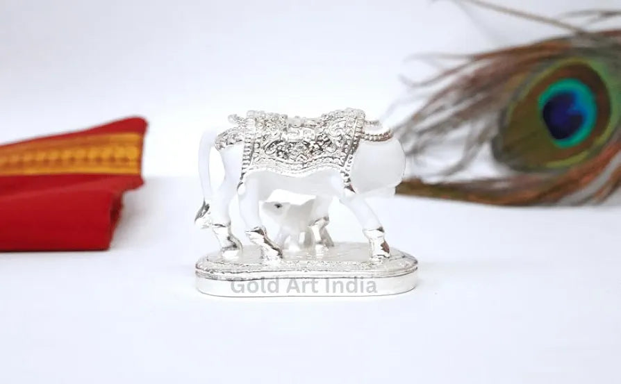 Gold Art India Kamdhenu Cow with Calf Idol White & Silver Plated Finish