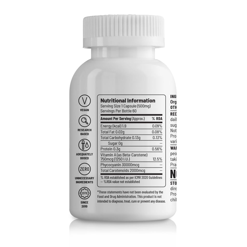 Unived Spirulina for Health & Immunity, only Spirulina & nothing else - 60 Vegan Capsules