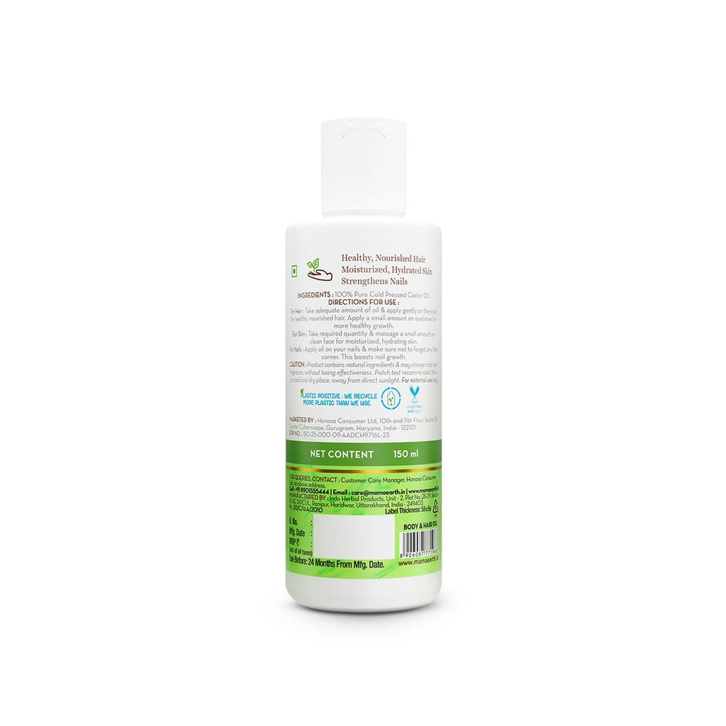 Mamaearth Castor Oil with 100% Pure Cold Pressed Castor Oil For Skin, Hair & Nails - 150 ml | Hydrates & Nourishes Skin | Promotes Hair Growth & Strengthens Hair | Strengthens Nails | Eyebrow & Eyelash Growth