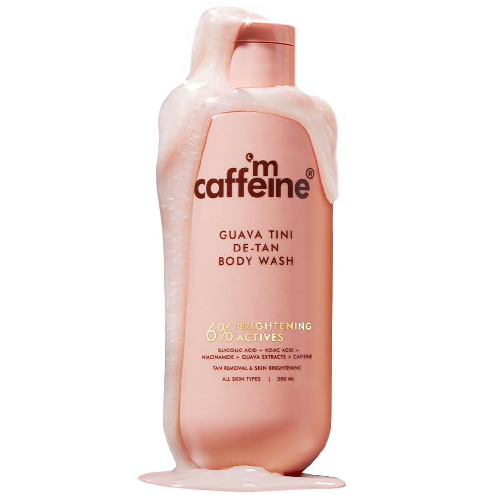 mCaffeine 1% Glycolic Acid Detan Body Wash 300ml | 2% Niacinamide, 3% Kojic Acid-Glutathione | Bodywash for Women & Men| Brightens, Hydrates, Reduces Dark Spots & Evens Tone | Guava Shower Gel for Dry Skin