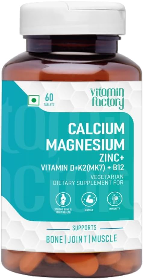 The Vitamin Factory Vitamin Factory Calcium Magnesium Zinc Tablets D3 K2 B12 | 60 Veg Tabs | 1000mg Calcium Citrate, gentle on stomach; bone, joint & muscle support for women & men; vegetarian, D3 K2 B12