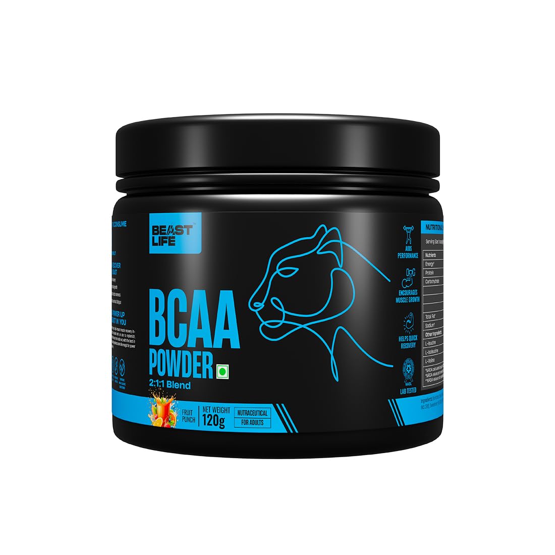 BeastLife High Recovery BCAA – Fruit Punch Flavour | 2:1:1 Blend | 120g | Fast-Absorbing Recovery Formula | Premium Sports Nutrition for Men & Women