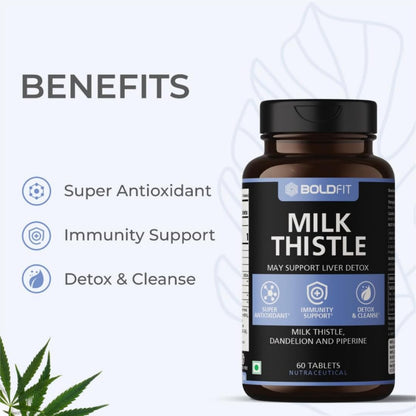 Boldfit Milk Thistle Fatty Liver Support Supplement with Silymarin Piperine and Dandelion Liver Detox Tablets Supports Liver Health Cleanse and Daily Wellness for Men and Women - 60 Vegetarian Tablets