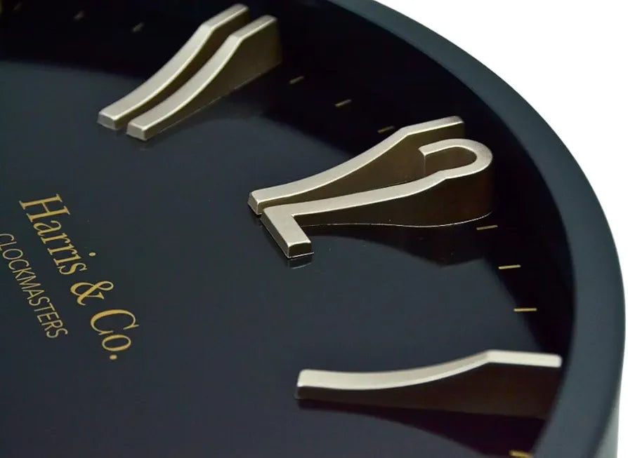 Harris & Co. Clockmasters Silent Sweep Noiseless Technology Analog Wall Clock With Metal Golden 3d Numbers Black