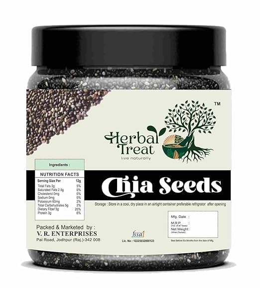 Herbal Treat Chia Seeds | High Fiber, Omega-3, Protein Superfood | Non-GMO, Gluten-Free | Perfect for Smoothies, Baking (250gram, Chia Seeds)