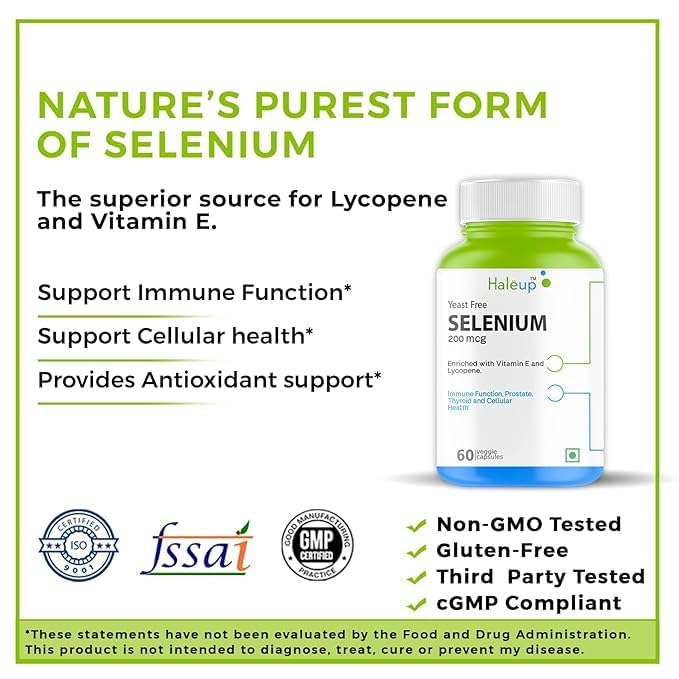 Haleup Selenium 40 mcg || Enriched with Vit E & Lycopene || 60 capsules Supplement || Non-GMO & Gluten Free || (Pack of 1, 60, count)