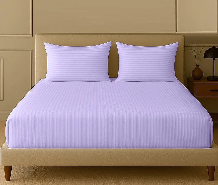 Trance Home Linen 100% Cotton 78x72 inch King Fitted 200TC Satin Stripe Elastic Fitted Bedsheet with 2 Pillow Covers Colour Lilac Purple