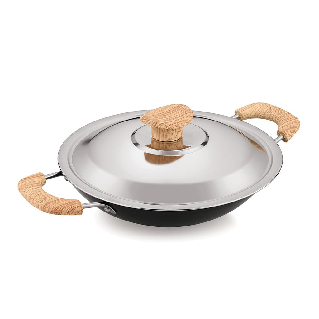 Bergner Bellini Plus Aura 5-layer Non-stick 20 Cm Appachetty With Stainless Steel Lid, Wooden Finish Soft Touch Handle