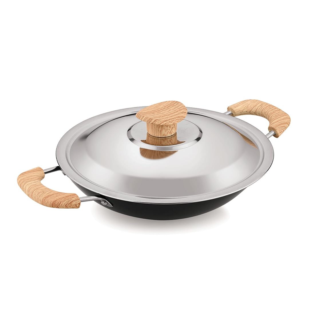 Bergner Bellini Plus Aura 5-layer Non-stick 20 Cm Appachetty With Stainless Steel Lid, Wooden Finish Soft Touch Handle
