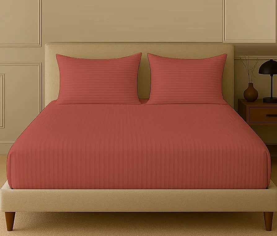 Trance Home Linen 100% Cotton 78 x 66 inch 200TC Satin Stripe Elastic Fitted Bedsheet Incredible smooth finish Double Bed Fitted Bedspread with 2 Pillow Covers Colour Copper Rust