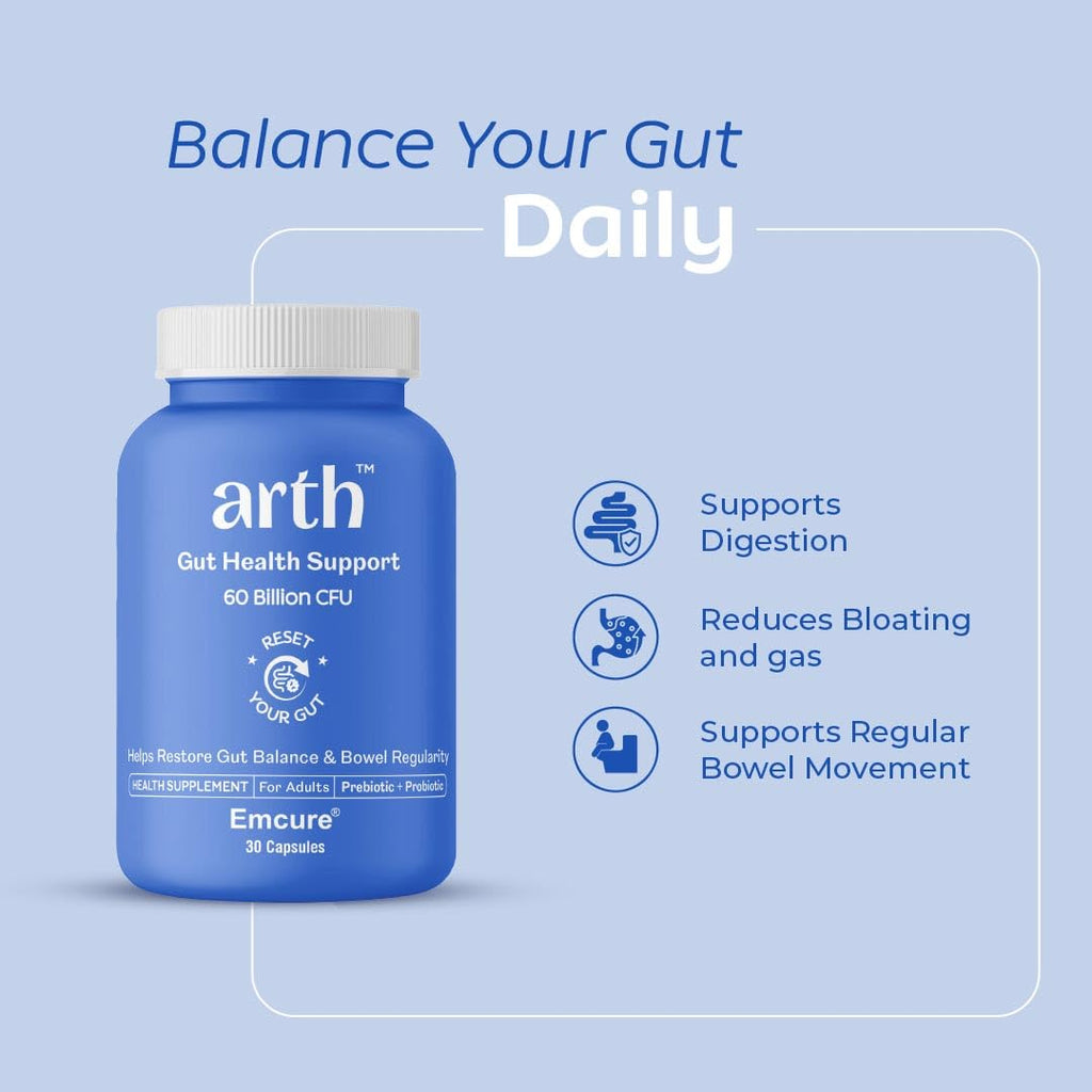 Arth Gut Health Supplement | Prebiotic & Probiotic Blend with 60 Billion CFU | 11 Probiotic Strains & 150mg Inulin | Supports Digestive Health, Bowel Regularity & Immunity | Reduces Bloating, Gas & Indigestion | For Men & Women | 30 Veg Capsules