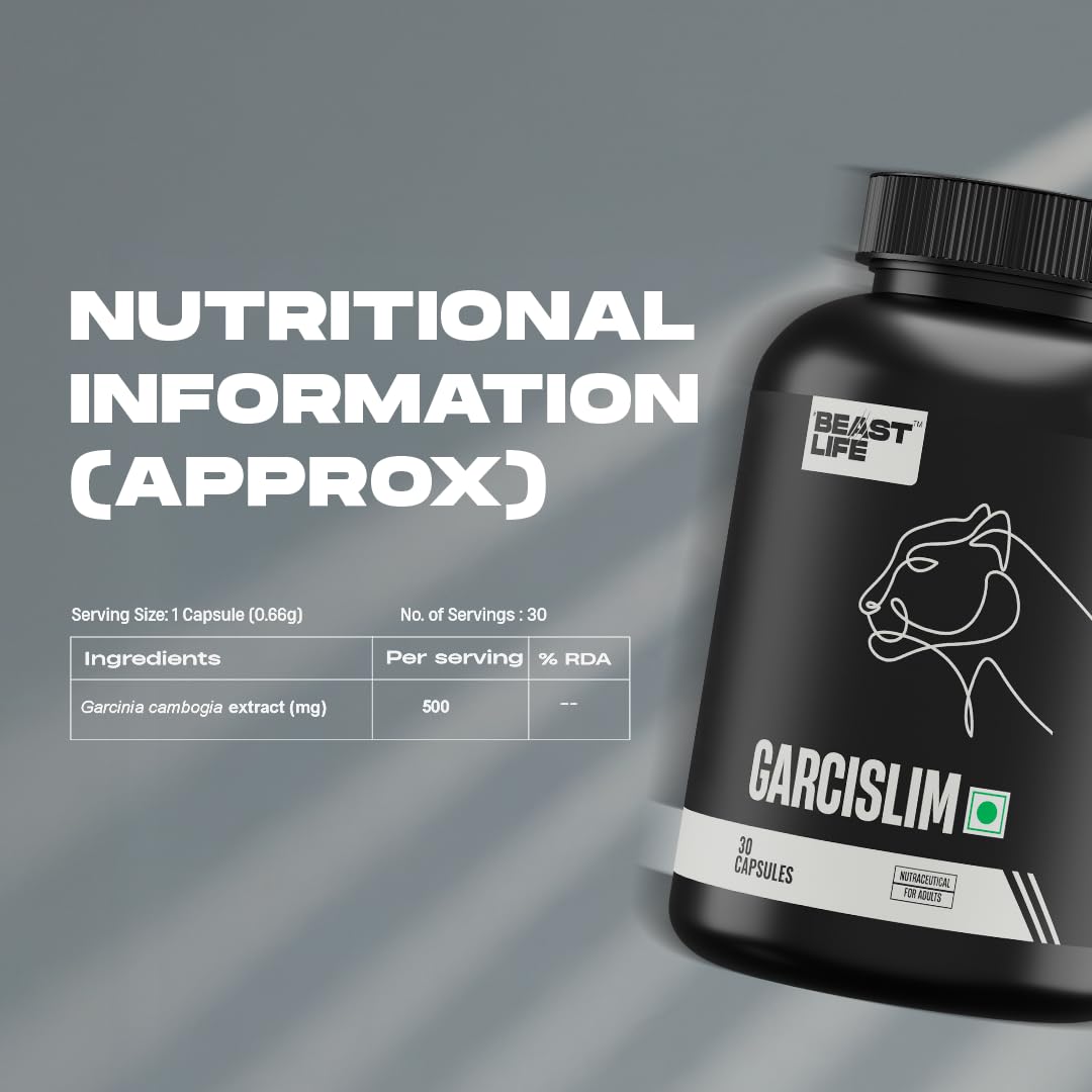BeastLife GarciSlim Capsules | Garcinia Cambogia Fruit Extract | Support Healthy Weight Management | Helps Maintain Energy & Cholesterol Levels | 30 Capsules