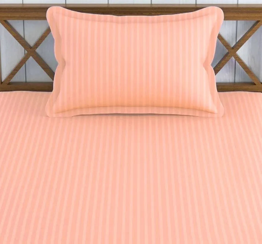 Trance Home Linen 100% Cotton 78x36 inch Single Fitted 200TC Satin Stripe Elastic Fitted Bedsheet Bedspread with 1 Pillow Covers Colour Peach