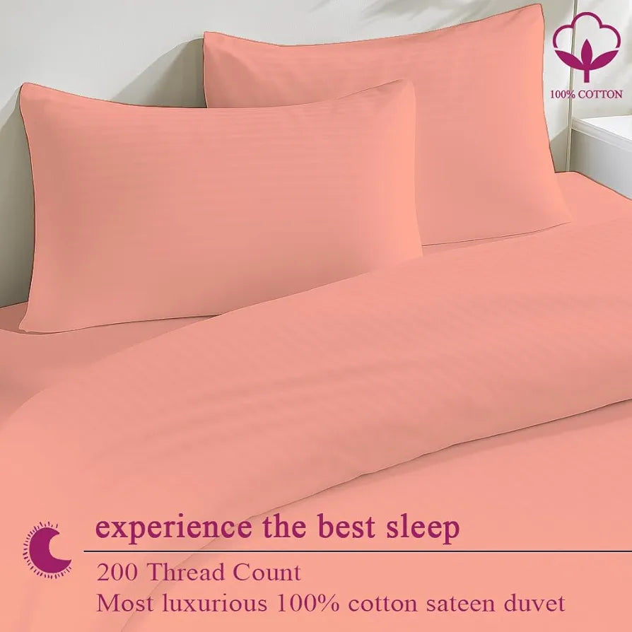 Trance Home Linen Zippered 100% Cotton 200TC Satin Stripe King Size Duvet Cover Quilt Cover Blanket Cover Razai Comforter Cover with 2 Pillow Covers Colour Peach