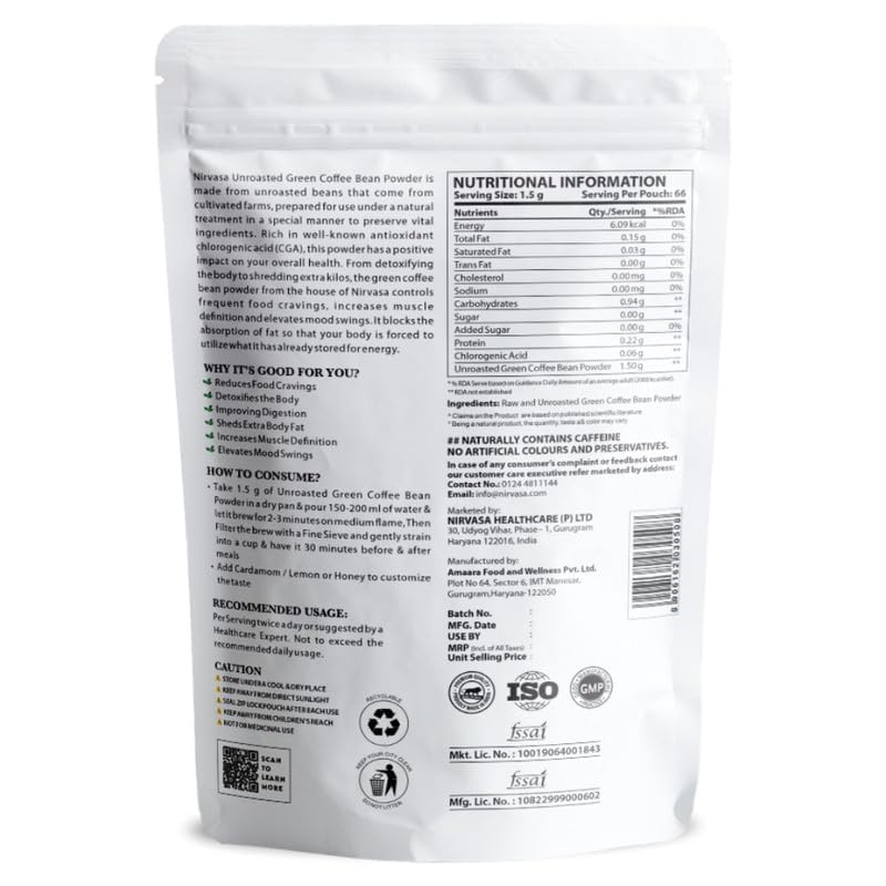 Nirvasa Pure Green Coffee Bean Powder for Weight Loss & Detox | Natural Fat Burner with Chlorogenic Acid | Boosts Metabolism, Energy & Fitness | Unroasted Arabica Extract Powder, 100g