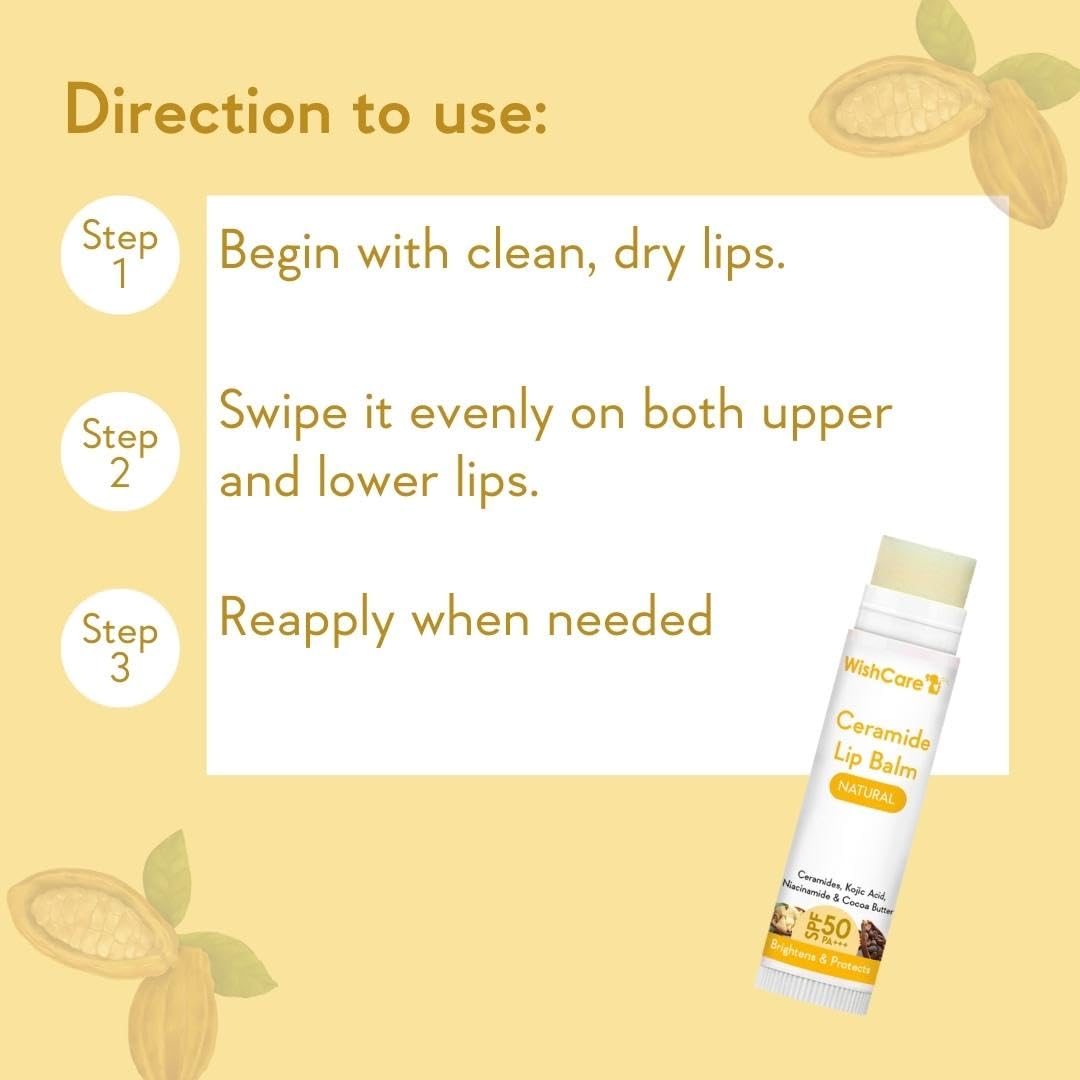 WishCare Ceramide Lip Balm SPF 50 PA+++ | Brightening Lip Balm for Dark Lips | In-Vivo Tested | Kojic Acid & Niacinamide | Natural & Untinted | For Women & Men | 5g