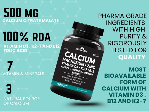 Nutrasium | Calcium & Vitamin D3 Tablets | Calcium Magnesium Zinc D3 & K2 with B12 & Folic Acid | Alfalfa, Moringa & Bamboo Leaves Extract | For Strong Bone & Joint Support | 60 Tablets