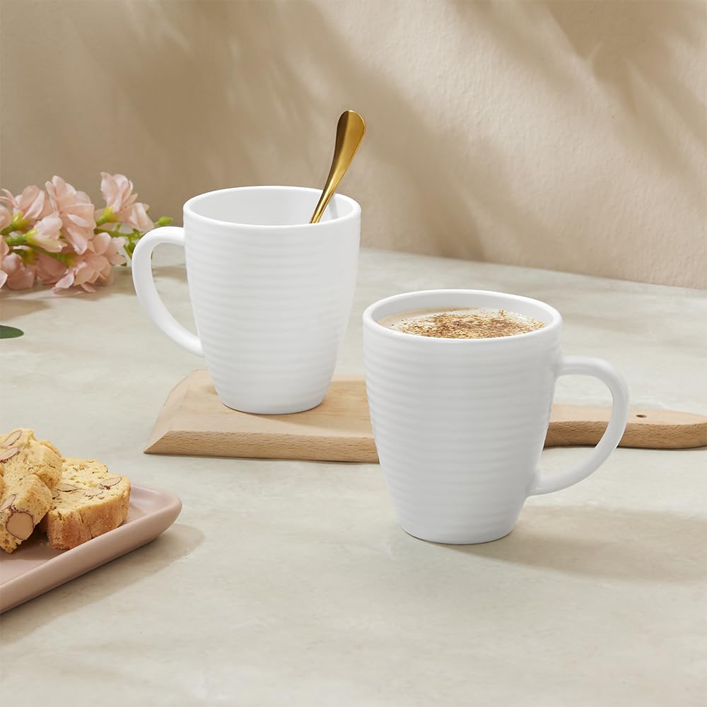 Larah by Borosil 2 Pcs Tea/coffee Orbit White Opalware Mug | 390 Ml Each