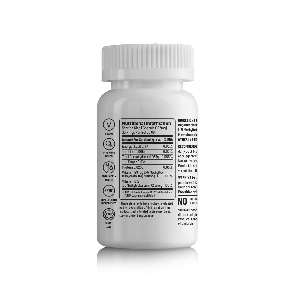 Unived Basics B12+Folate | Vitamin B12 (Methylcobalamin) with 5-MTHF BioAvailable Folate | Essential for Vegan & Vegetarians | 60 Vegan Capsules