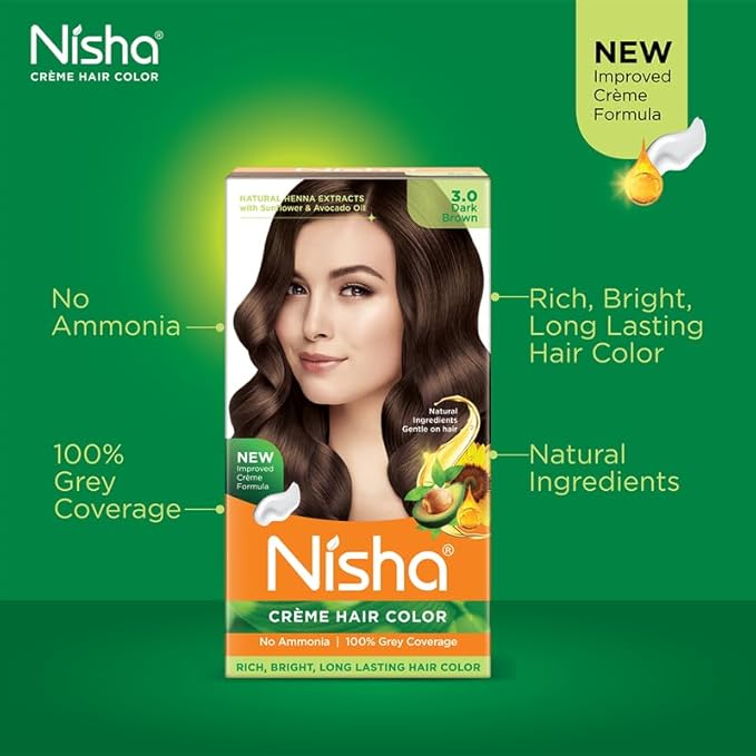 Nisha Creme Hair Color Dark Brown, Permanent Hair Colour for Women Men 3.0 Dark Brown Hair Colour - 120 Gms