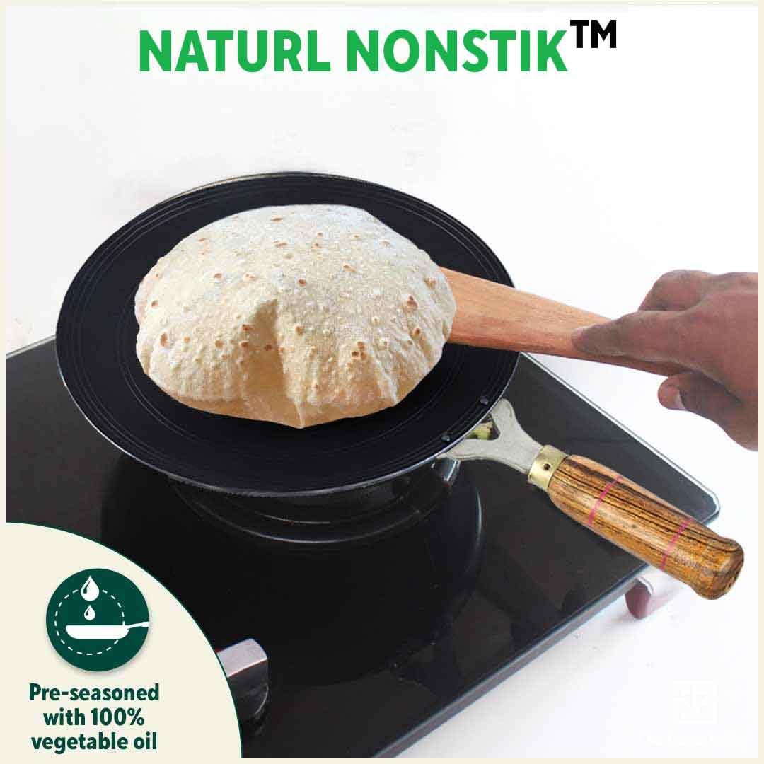 The Indus Valley Pre-Seasoned Iron Tawa for Dosa/Chapathi with Wooden Handle 27cm