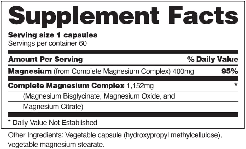 Snap Triple Magnesium Complex for Women & Men for Sleep & Muscle Support â€“ 400mg, 3-in-1 Magnesium Supplement â€“ Bisglycinate, Citrate & Oxide â€“ Chelated for High-Absorption, 60 Vegetarian Capsules