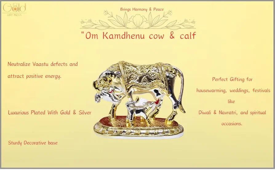 Gold Art India Om Kamdhenu Cow with Calf for Gold & Silver Plated - 4 inch