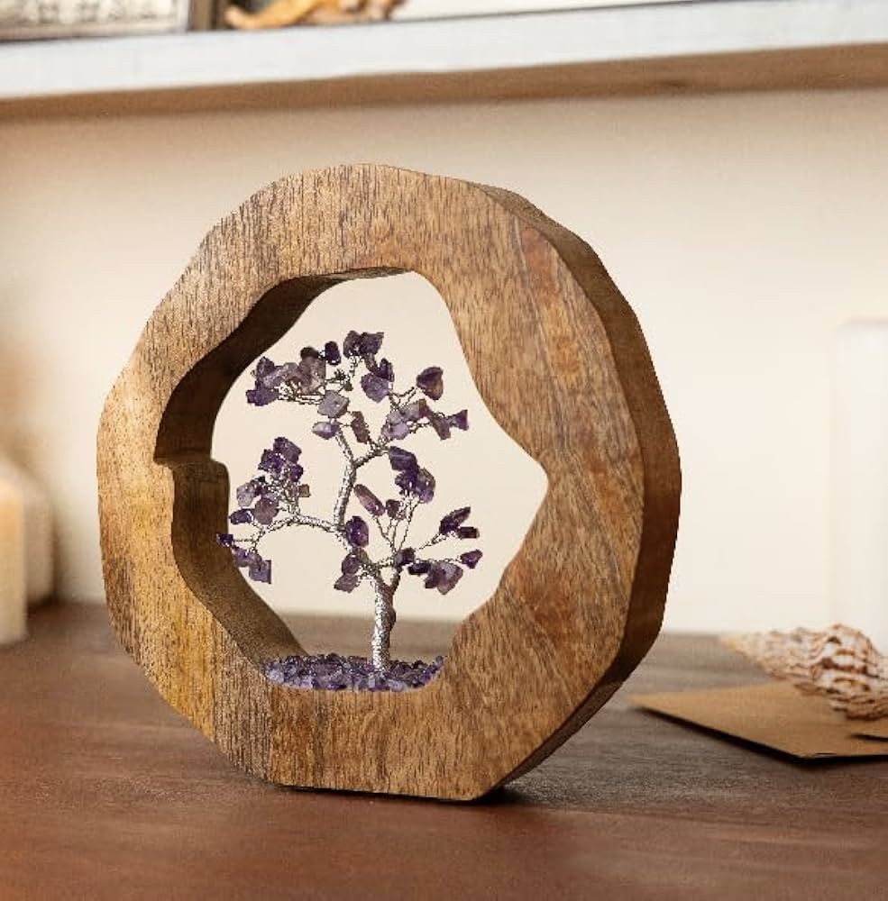 Ritualistic Amethyst Crystal Tree Set in Wooden Ring Gift Spiritual Item for Energy Flow & Chakra Healing Feng Shui Gemstone Bonsai
