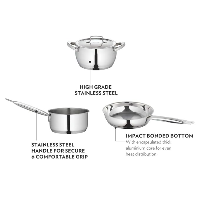 Borosil Stainless Steel Kadhai With Lid | Induction Friendly | Impact Bonded Tri-ply Bottom | 1.8 Litres | 20 Cm