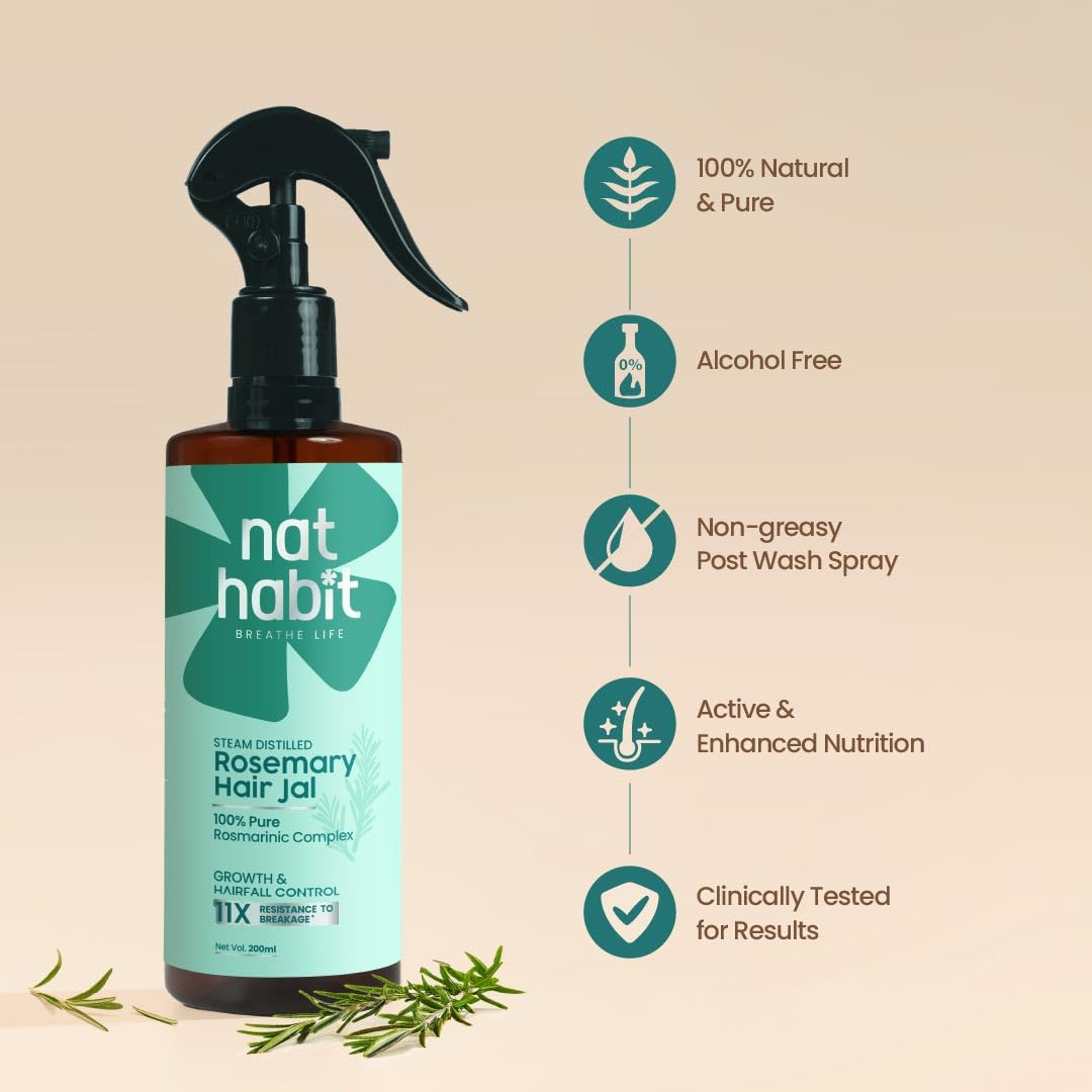 Nat Habit Rosemary Hair Jal â€“ Conditioning Spray with With Pure Rosmarinic Complex for Hair Fall Control, DHT Support & Stronger Hair, Non-Greasy Leave-In 200ml