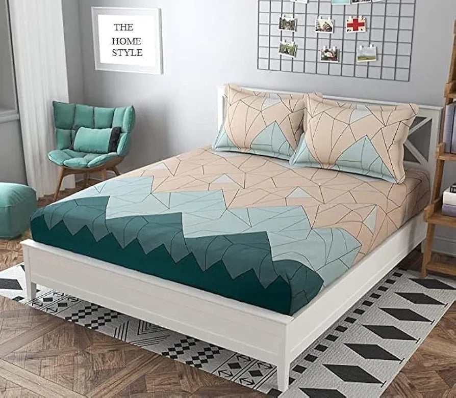 The Home Style Cotton Feel Glace Cotton Printed King Size Double Bed Bedsheet With 2 Pillow Cover 300 TC Pastel Green