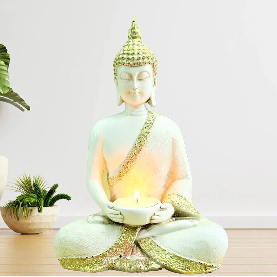 Jaipur Ace Buddha Sitting With Tea Light in Hand Polyresin Idol Buddha With Tea light