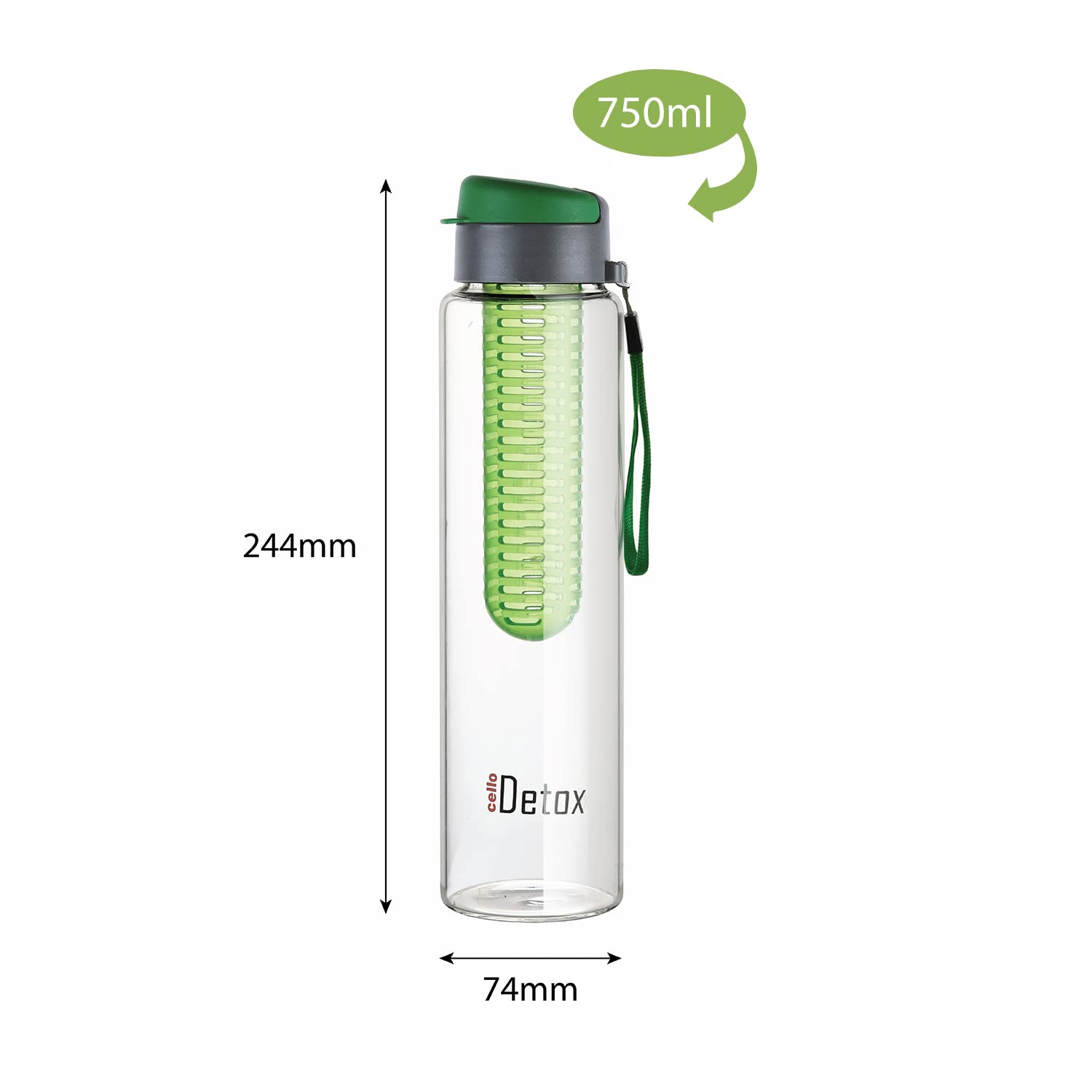 Cello Detox Fruit & Tea Infuser Glass Water Bottle| Wide Cap Sealed With Flip Top - 750 ml