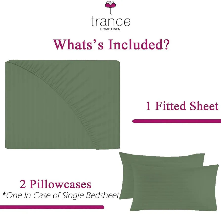 Trance Home Linen 100% Cotton 78x72 inch King Fitted 200TC Satin Stripe Elastic Fitted Bedsheet with 2 Pillow Covers Colour Moss Green