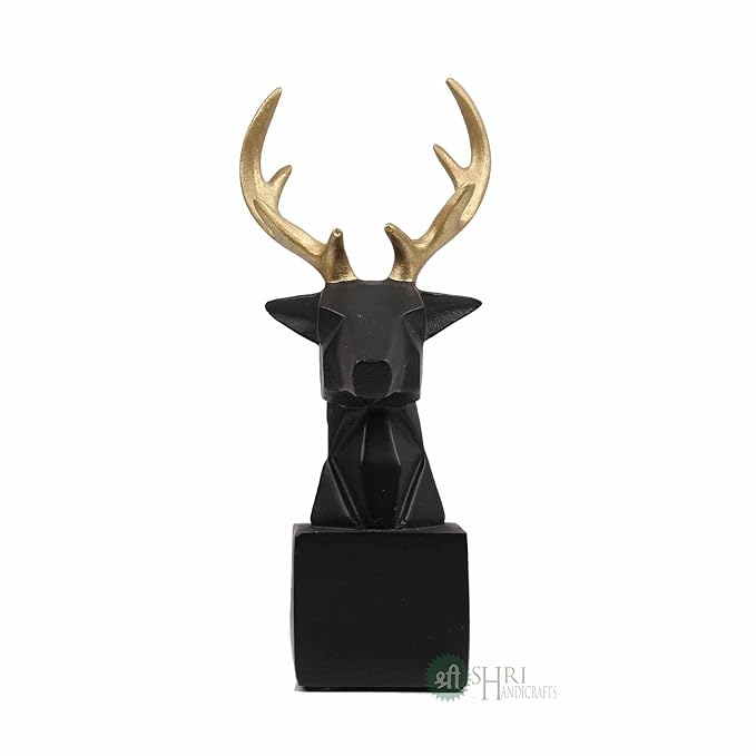 Indicast 8" Inch Resin Statue Deer Head, Geometric Animal Head Sculpture on Base | Black