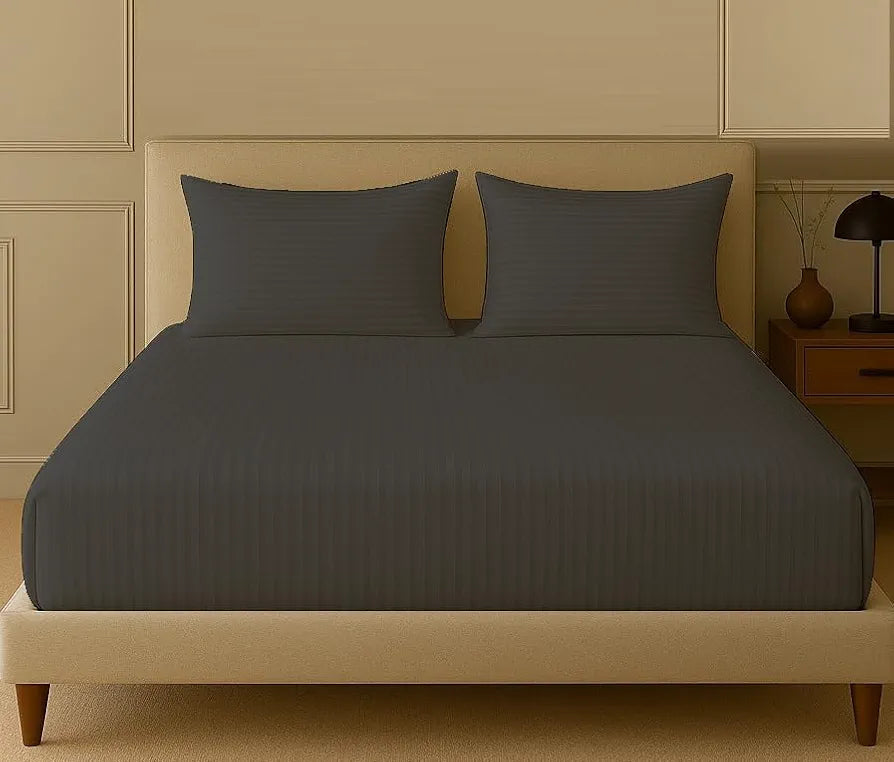 Trance Home Linen 100% Cotton 75x60 inch 200TC Satin Stripe Elastic Fitted Bedsheet Double Bed with 2 Pillow Covers Colour Dark Grey