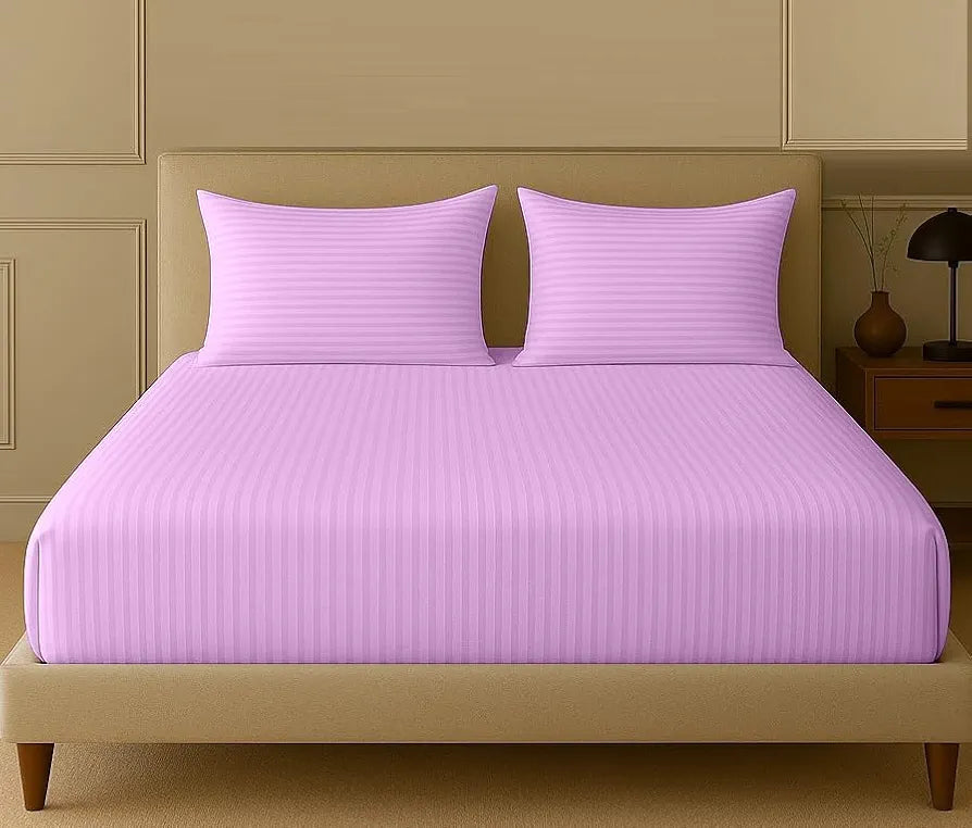 Trance Home Linen 100% Cotton 78x72 inch King Fitted 200TC Satin Stripe Elastic Fitted Bedsheet with 2 Pillow Covers Colour Pink