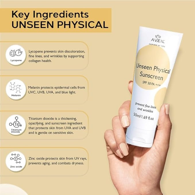 Aveil Unseen Physical Sunscreen SPF 50 PA +++ - 50 ml (Pack of 2)