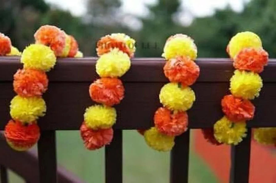 10 Pc Artificial Marigold Garland Toran Long Garlands Toran Indian Genda Phool 4.5-4.9 FT 10 Strings Yellow+Orange Mix