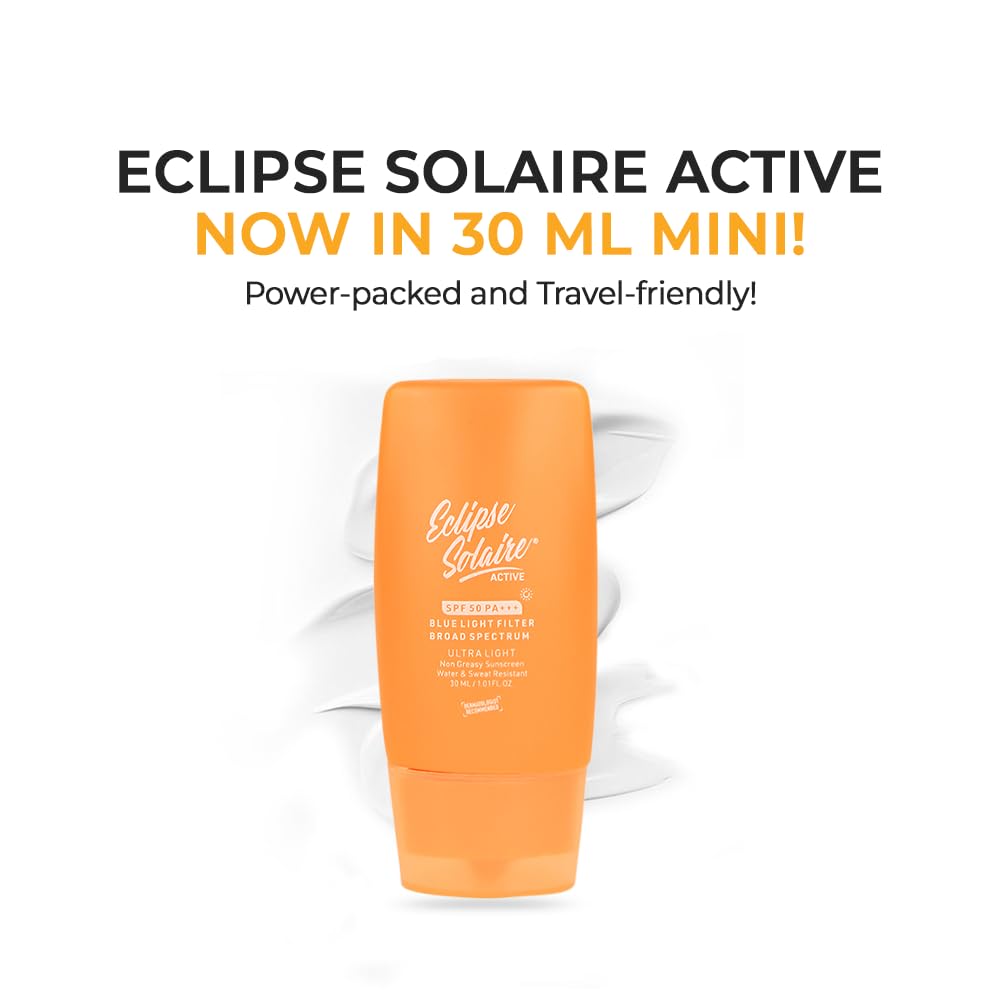 YUDERMA Eclipse Solaire Active Sunscreen SPF 50 PA+++ | No White Cast | Broad Spectrum UVA/UVB/IR & Blue Light Shield | Lightweight, Non-Greasy Formula for All Skin Types â€“ 30ml