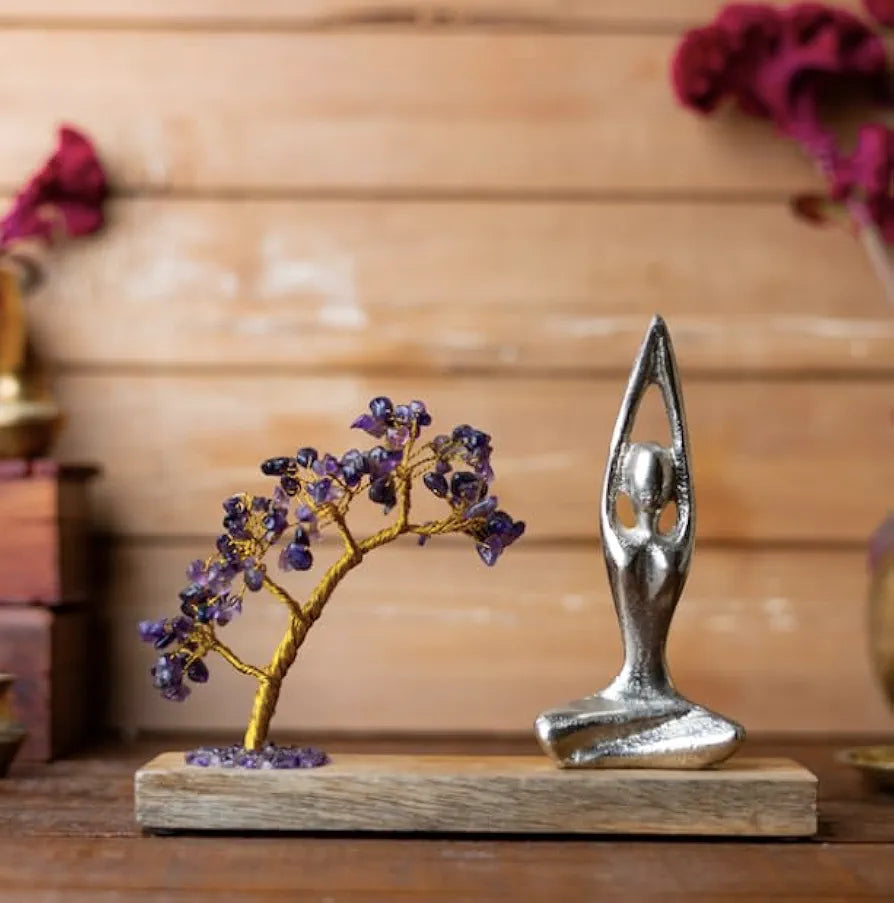 Ritualistic Namaste Amethyst Quartz Crystal Tree Handcrafted for Energy Healing Meditation