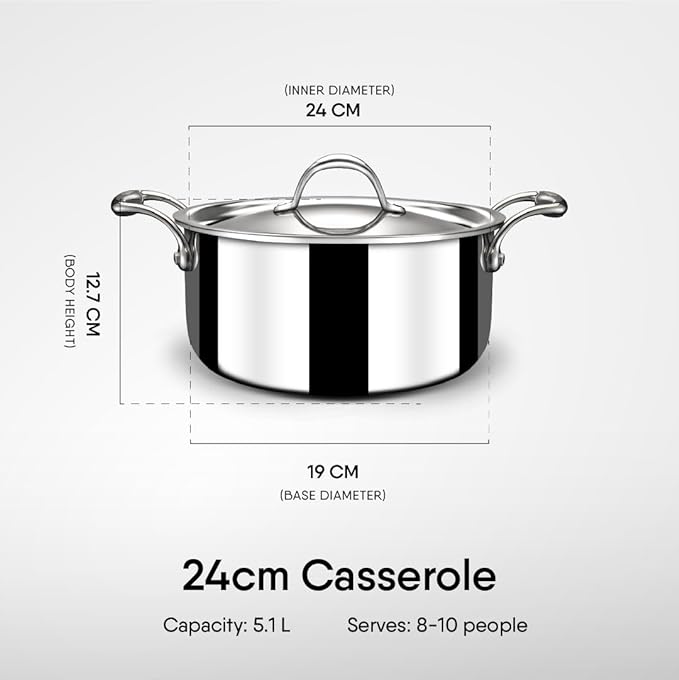 Stahl Artisan Triply Stainless Steel Sauce Pot/ Casserole With Glass Lid | Induction Pot | Briyani Pot/ Handi | 5.1 Litres | 24 Cm