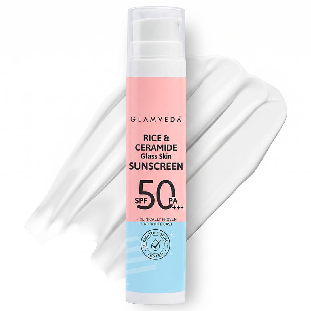 Glamveda Rice & Ceramide Dewy Sunscreen SPF 50 PA+++ | Transparent, Ultra lightweight gel cream | No White Cast, Water & Sweat Proof | For Dry & Sensitive Skin Types 50 ml