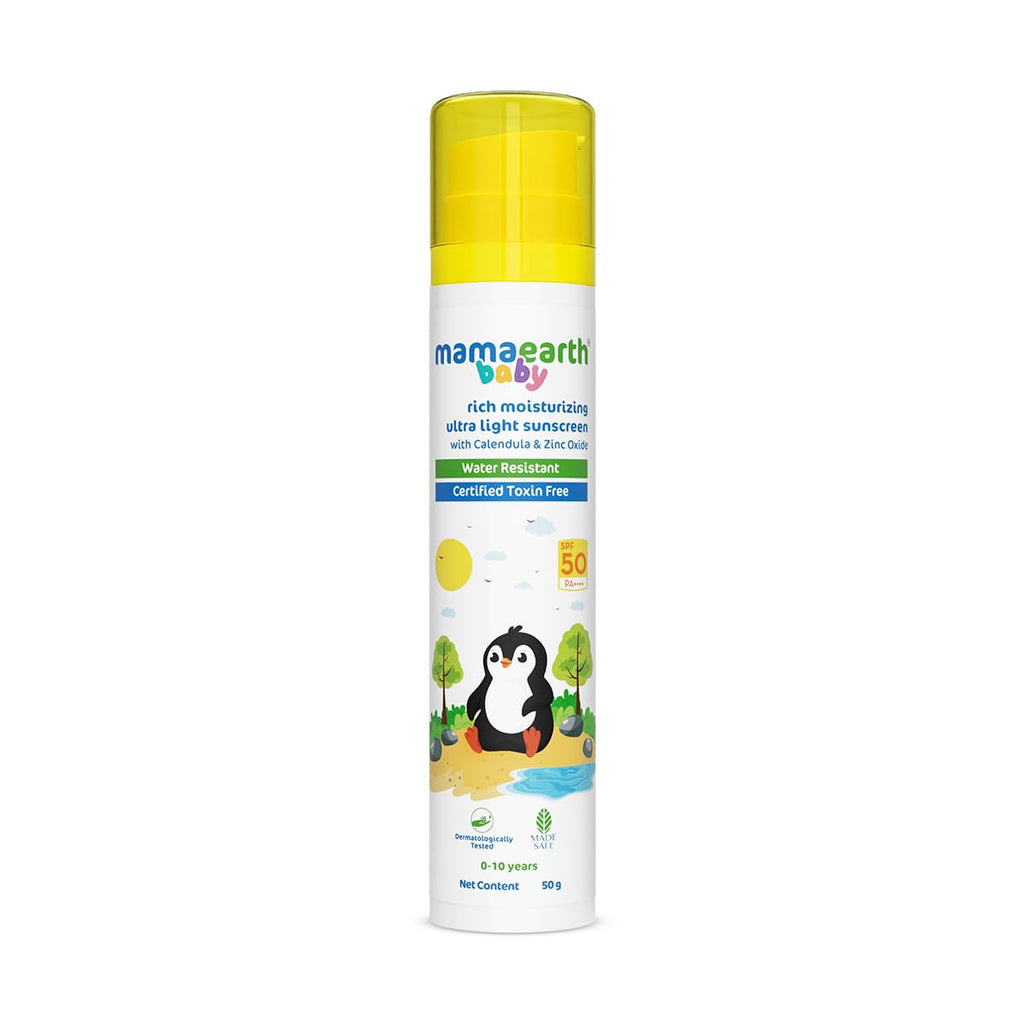 Mamaearth Baby Rich Moisturizing Ultra Light Sunscreen - 50g | SPF 50 & PA++++ | Water Resistant | Lightweight & Moisturizing | Suits all Skin Type | Safe For Babies | Dermatological Tested | Hydrating Sun Protection